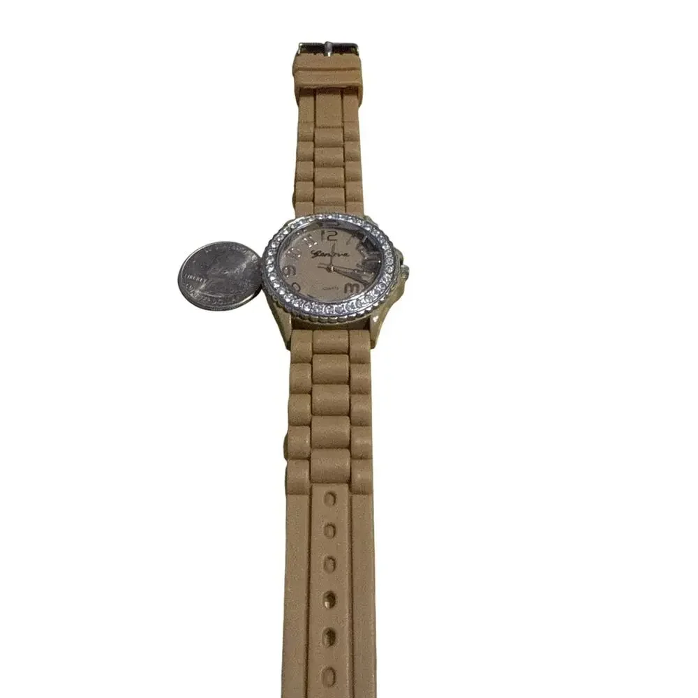 Geneva Platinum Watch Beige Buckle Band Round Face Modern Stylish New BaWORKING!